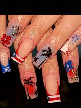 Tropical Puerto Rican Flag with Floral Accents Press On Nails
